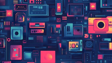 Colorful digital circuit pattern.