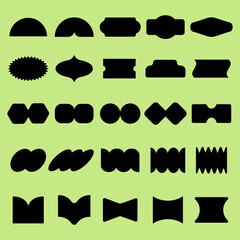 Poster - Silhouette shapes on green background. Various shapes include circles, ovals, and abstract forms. Shapes are black. Shapes are diverse and unique. Black shapes, vector element set.