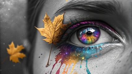 closeup of a womans eye with colorful tears and a maple leaf