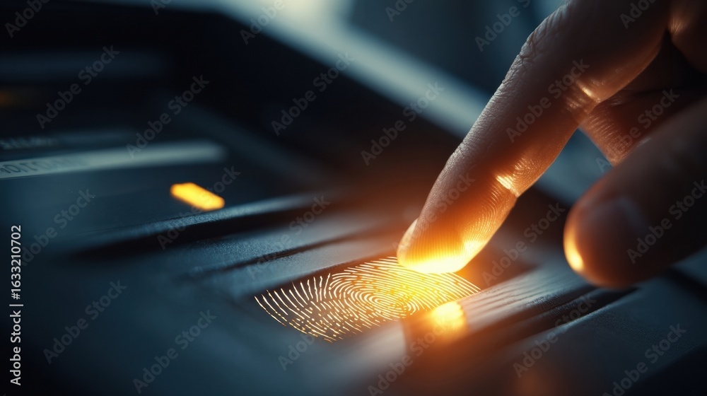 Finger Touching Biometric Scanner to Unlock Device at Digital ...