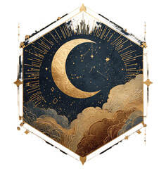 Wall Mural - A gold and blue moon with stars surrounding it