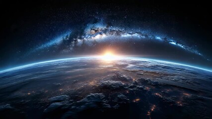 Wall Mural - blue sunrise over planet earth from space with glowing atmosphere, breathtaking milky way galaxy vie