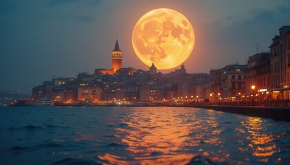 Wall Mural - serene cityscape with large orange moon over waterfront at night