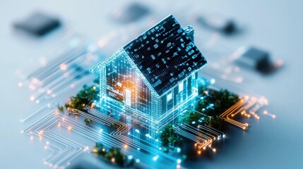 Wall Mural - futuristic digital model of house on circuit board