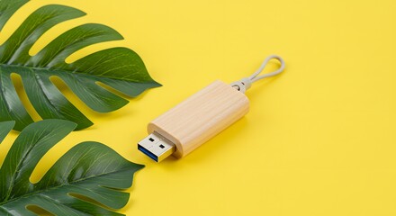 Wooden USB drive with jute tag and tropical leaf on yellow background, with copy space, with generative ai