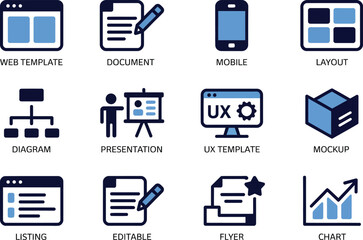 a comprehensive set of blue and black icons for ux design, web templates, and mobile development, in