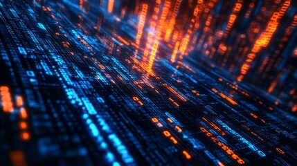 Wall Mural - abstract blue and orange digital binary code matrix background with glowing flare, futuristic big da