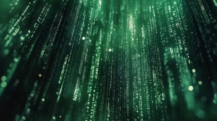 Wall Mural - abstract technology background with flowing binary code in bright green digits on a dark green matri