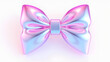 © Rachel - 3D render of a bow on a transparent background. Holographic sparkling element in Y2K style. Liquid chrome, vintage girly accessory in pastel pink color, icon, metal surface