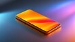 © Amazing Stock - A gold smartphone with an orange and red abstract design on its screen rests on a dark reflective surface under colorful studio lighting.