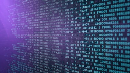 Dynamic digital stream of glowing binary code data flows on a purple digital background