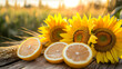© 阿咩hu - Fresh sunflowers and citrus slices on a rustic table, golden sunlight and green fields, vibrant summer energy