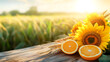 © 阿咩hu - Fresh sunflowers and citrus slices on a rustic table, golden sunlight and green fields, vibrant summer energy