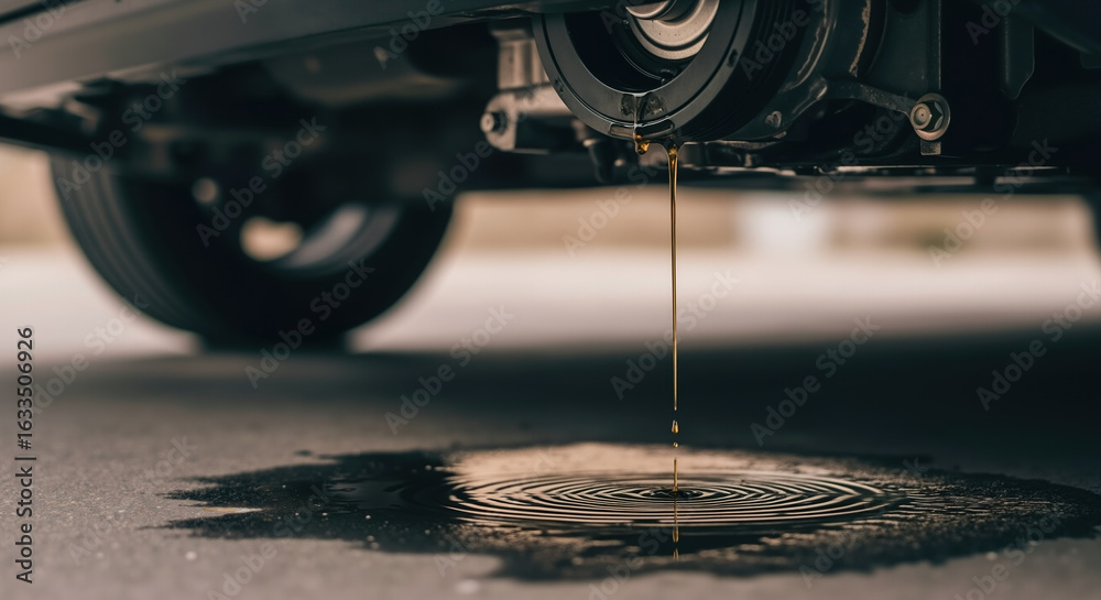 Motor oil dripping from vehicle creating ripples in puddle on asphalt ...
