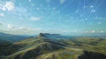 Wall Mural - futuristic wireless communication network illustration with glowing skyward signals and digital mapp