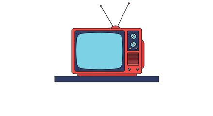A red TV with blue screen and knobs rests on a blue shelf