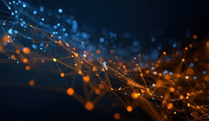 Abstract network data flow, digital connection, dark background, glowing nodes, tech presentation