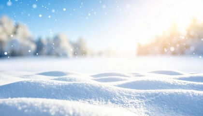 Wall Mural - A detailed closeup shot of the fresh white snow covering the ground, showcasing its intricate crystalline texture and frosty surface on cold winter day.