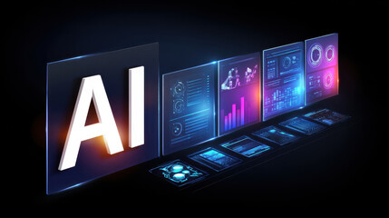 Artificial intelligence for business tools and data analysis. This innovative concept shows futuristic interface with glowing dashboard, chart, and graph for modern presentation