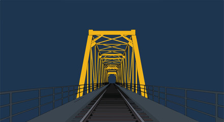 Yellow truss bridge with railway against a dark blue sky perspective view