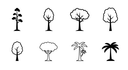 Poster - Variety of Trees Icon Set: A collection of diverse tree icons, a minimalist showcase for illustrating nature's leafy diversity. Representing a range of tree types in a clean, modern graphic style.