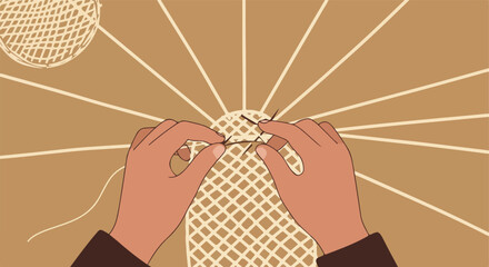 Weaving craft illustration, hands working on latticed pattern with radial lines