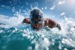 © Pavel - Male triathlete performing freestyle crawl in clear water under bright sky during daylight in a competitive training session