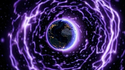 Wall Mural - a cosmic video scene showing earth from space with a glowing purple aura and swirling energy. the ca