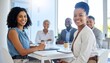© Andre - Business meeting, blurred background and people in office for teamwork, collaboration and planning, Partnership, negotiation and group in solidarity for growth, consulting and corporate solution.