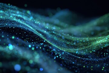 Poster - Flowing abstract loop of blue and green glitter creates a mesmerizing effect, showcasing vibrant colors and patterns in a digital art piece
