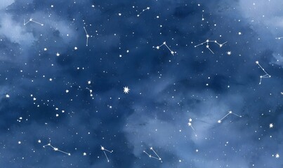 Wall Mural - a dark navy blue background with white stars and constellations, a vintage look, painted on paper wi
