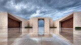 Modern Architecture, Plaza, Reflection, Cloudy Sky, Geometric Design, Stone, Symmetry, Minimalist, Wet, Open Space