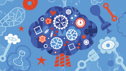 Illustration of a whimsical tree composed of various shapes and objects on a blue background