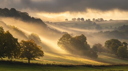 Wall Mural - a breathtaking landscape captures the essence of nature. soft light breaks through clouds illuminati