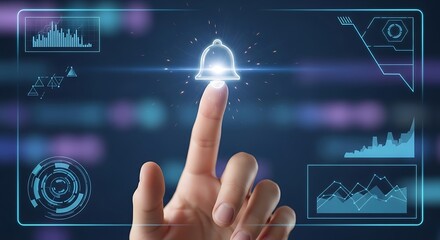 Title: Finger Touching Notification Bell Icon on Futuristic Digital Interface Display