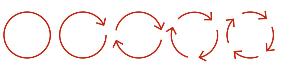Set of red circular arrow icons. Rotation and cycle symbols for infographic, process diagram, reload, repeat, and synchronization concepts. Simple flat design with rounded arrows.