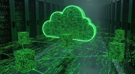 A digital cloud concept with glowing green servers and data pathways in a server room.