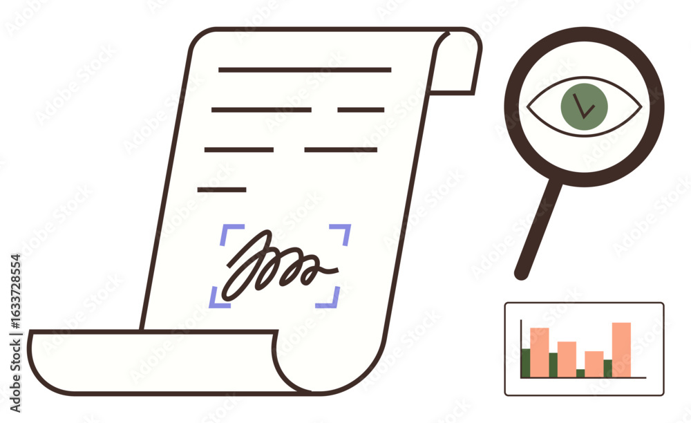 Contract with a digital signature, magnifying glass inspecting with ...