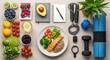 © kharis - Healthy food exercise equipment and notebook arranged on a neutral surface.