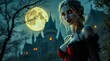 © Pics_With_Love - Gothic female vampire in red corset with glowing eyes standing before dark castle under full moon at night, fantasy Halloween cosplay concept.