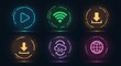 © Wardiana - Close-up flat lay of six neon-colored digital interface icons depicting download, upload, wifi, play, cloud sync, and globe symbols against a dark background, conveying