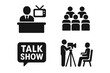 © Jane - TV show vector icon set. Solid filled icons of talk show setup, TV host at desk, live studio audience, talk show speech bubble logo, camera crew filming guest interview. Television production symbols.