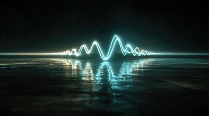 Poster - A mesmerizing digital sound wave with luminous blue lines reflecting off a dark surface.