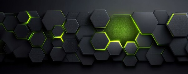 Poster - Dark hexagonal panel design with neon green glowing accent highlights