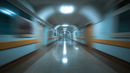 Poster - A spacious hallway illuminated by bright lights, emphasizing lines and depth, perfect for depicting movement and space.