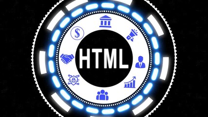 Html technology circular animation with business and finance related icons on black background