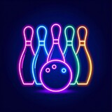 Neon bowling pins and ball on dark background