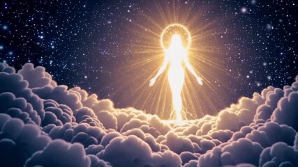 Wall Mural - a celestial figure glows amid stars, emerging from clouds. the low-angle view enhances the ethereal,