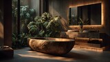 Luxurious bathroom interior with stone bathtub plants mirror and warm lighting.