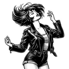 Wall Mural - woman in a leather jacket, tube top, and shorts with flowing bob hairstyle and bold attitude sketch 